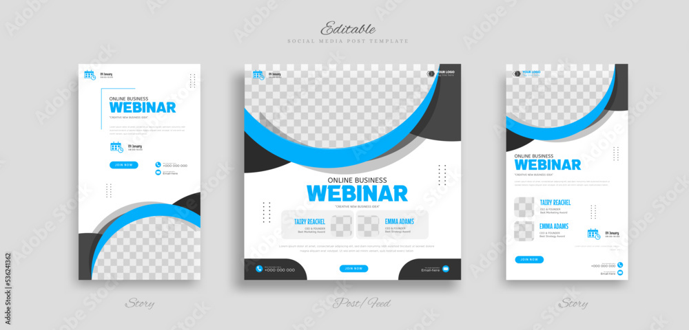 Set webinar business social media post and story template with yellow blue and white color background for ads promotions Set webinar business social media post and story template with yellow blue and white color background for ads promotions