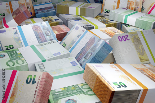 euro money background of piles of European currency in 10 20 50 100 and 200 euros banknotes denominations