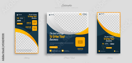 Set creative business idea social media post and story template with yellow white and blue color background