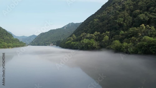 aerial view of beautiful landscape of fuchun river in the morning photo