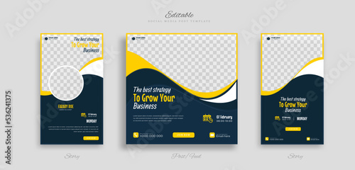 Set creative business idea social media post and story template with yellow white and blue color background
