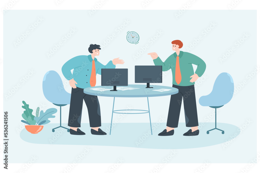 Angry businessmen fighting in meeting room. Mad business people or partners having disagreement in office flat vector illustration. Conflict concept for banner, website design or landing web page