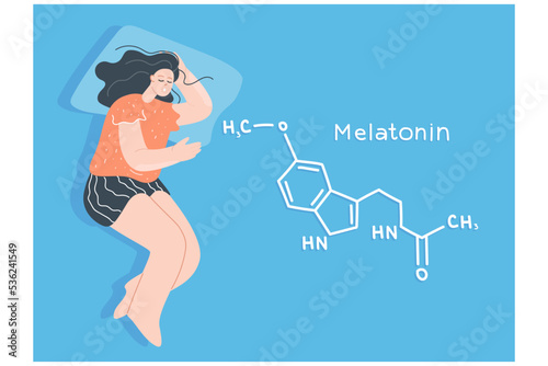 Isolated structure of melatonin next to woman sleeping on pillow. Growth of sleep hormone during night flat vector illustration. Health, chemistry concept for banner, website design or landing page