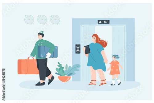 Hotel staff helping with baggage and leading to room. Woman and girl getting help from servant flat vector illustration. Service, hospitality, traveling concept for banner or landing web page