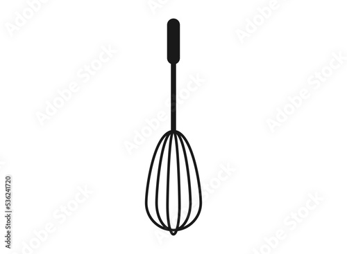 Black flat icon of whisk kitchen utensil. Egg beater graphic emblem on a gray background.