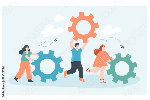People moving gear wheels flat vector illustration. Coworkers engaged in business promotion, repairing and organizing processes. .Business, cooperation, organization concept