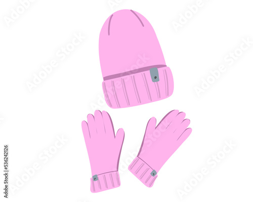 Winter set pink hat and gloves isolated on white background. Flat vector illustration. 