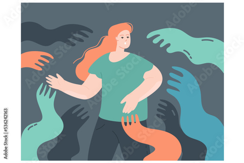 Man surrounded by giant creeping hands flat vector illustration. Character struggling with fear. Psychological concept of influence, manipulation or addiction