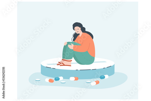 Depressed female addict sitting on giant pill. Sad girl taking antidepressants or hormonal drugs for placebo effect flat vector illustration. Depression  anxiety  mental health concept for banner