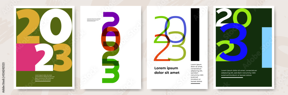 Creative concept of 2023 Happy New Year posters set. Design templates with typography logo 2023 for celebration and season decoration. Minimalistic trendy backgrounds for branding, banner, cover, card Creative concept of 2023 Happy New Year posters set. Design templates with typography logo 2023 for celebration and season decoration. Minimalistic trendy backgrounds for branding, banner, cover, card