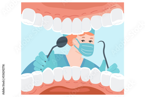 View of dentist in mask from open mouth of patient. Doctor examining man with white teeth, dental checkup, oral hygiene flat vector illustration. Medicine, dentistry concept for banner, website design