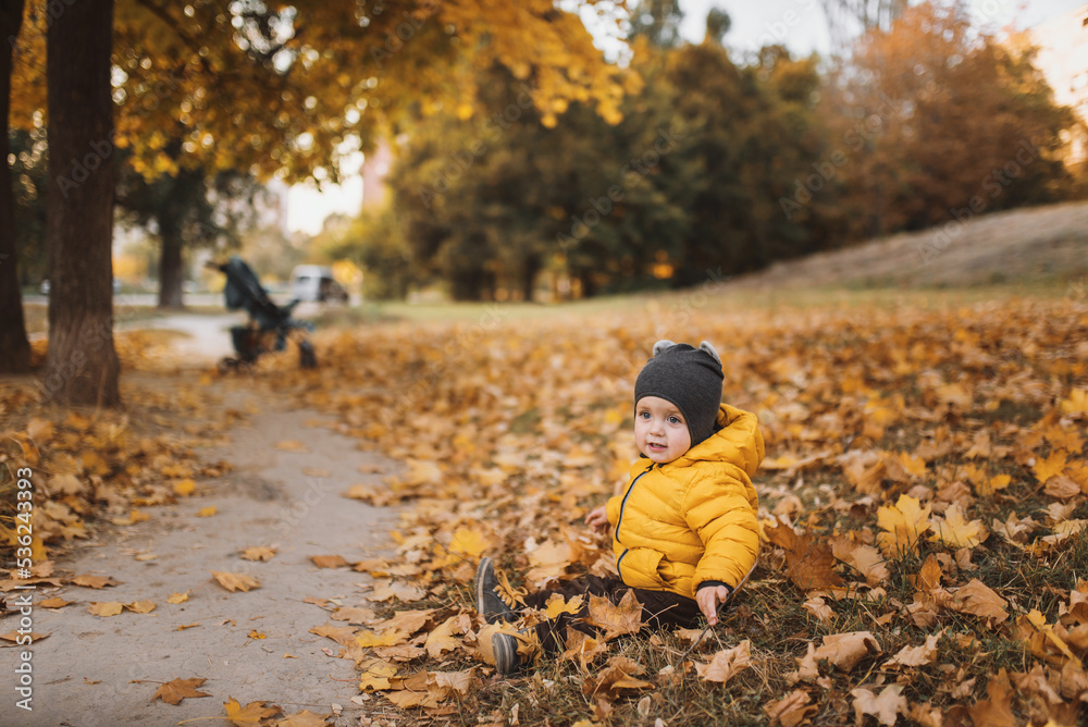 Little boy in yellow jacket playing with autumn fallen leaves in park. Child laughing throwing up orange maple leaves. Little boy in yellow jacket playing with autumn fallen leaves in park. Child laughing throwing up orange maple leaves.