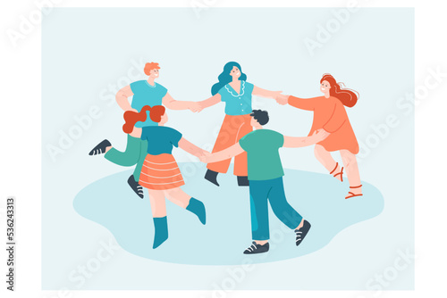 Happy cartoon friends holding hands and dancing in circle. People doing round dance together flat vector illustration. Friendship  community concept for banner  website design or landing web page