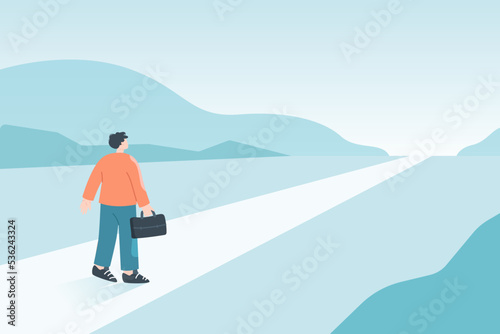 Business person on long abstract road in future. Journey of businessman on way to job opportunity, visionary goals, hope of success flat vector illustration. Business challenge in work, career concept