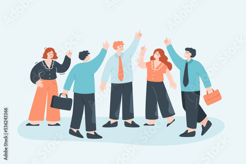 Group of business people with hands up. Crowd of male and female manager characters pointing upwards together flat vector illustration. Happy pose of victory for business team, success concept