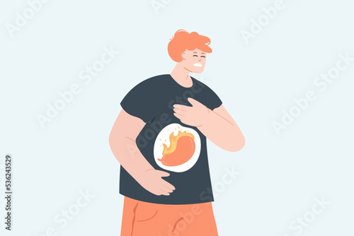Man with stomachache and gastric abdominal pain, fire in stomach. Stomach acid reflux disease symptoms and digestive system problem flat vector illustration. Gerd, gastritis, indigestion concept