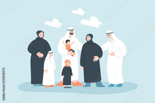 Arab family in muslim dresses. Arabian happy female and male characters in traditional islamic clothes standing together flat vector illustration. National culture of Saudi Arabia, family concept