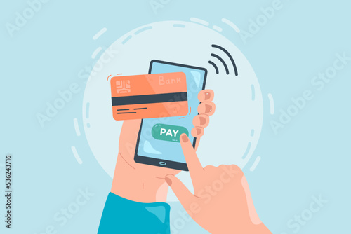 Hand holding phone and connecting credit card to shopping app. Making purchase with electronic bank account flat vector illustration. Online shopping, digital banking concept for banner
