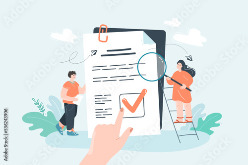 Tiny business people examining company rules and principles. Legal procedure for data control, protection and regulation flat vector illustration. Labour law, agreement concept for banner