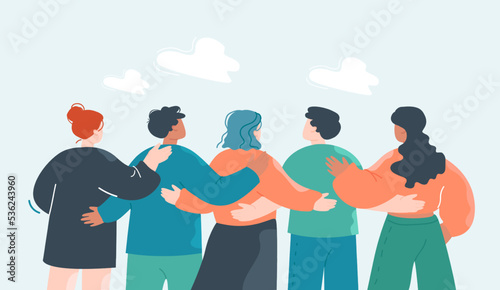 Crowd of cartoon team members hugging from behind. Back view of workplace community flat vector illustration. Communication, diversity, teamwork concept for banner, website design or landing web page