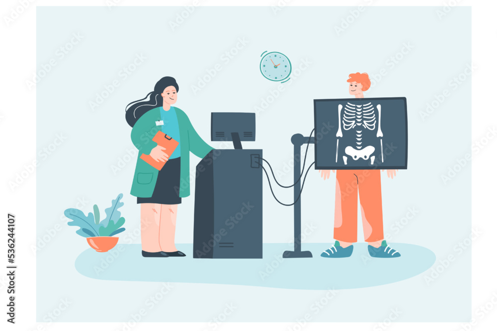 Male cartoon character getting X-ray at clinic. Radiologist making diagnosis flat vector illustration. Radiology, medical diagnostics, medicine concept for banner, website design or landing web page Male cartoon character getting X-ray at clinic. Radiologist making diagnosis flat vector illustration. Radiology, medical diagnostics, medicine concept for banner, website design or landing web page