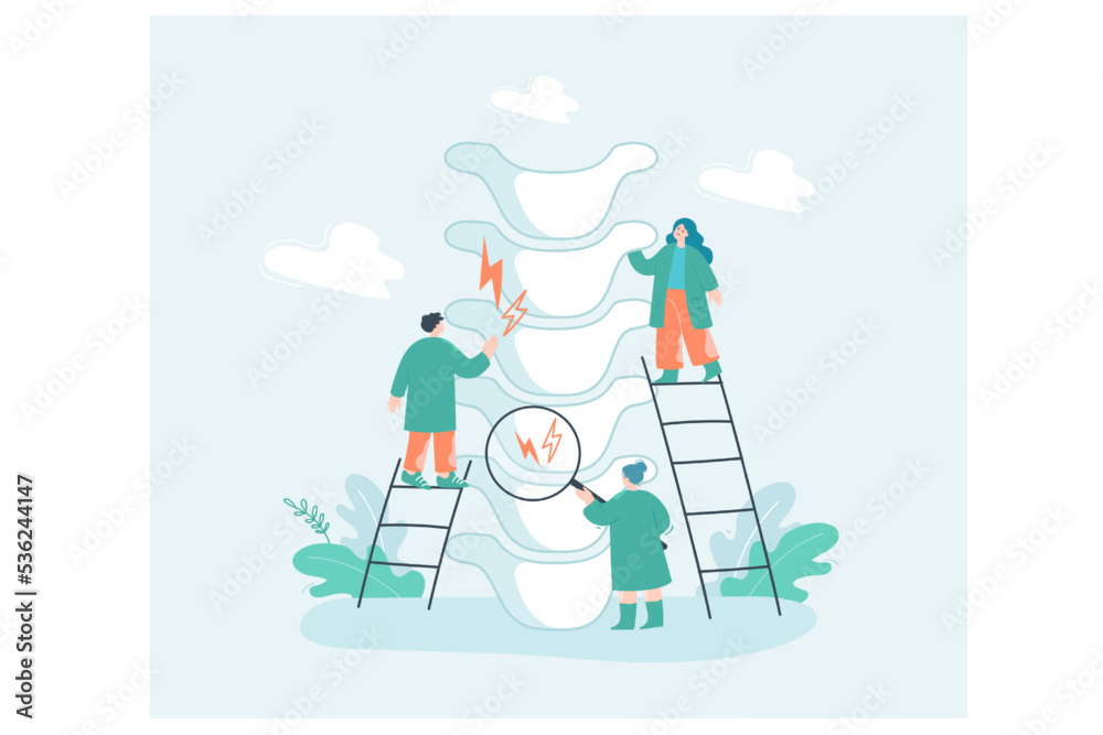 Tiny chiropractors examining spine of patient. Chronic back pain treatment, doctors making diagnosis flat vector illustration. Health, anatomy, osteopathy concept for banner or landing web page