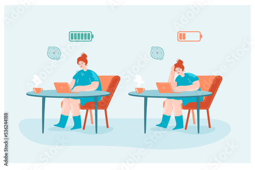 Happy and exhausted cartoon employee at table with laptop. Tired or burnout female office worker with drained battery at desk flat vector illustration. Mental health concept for banner, website design