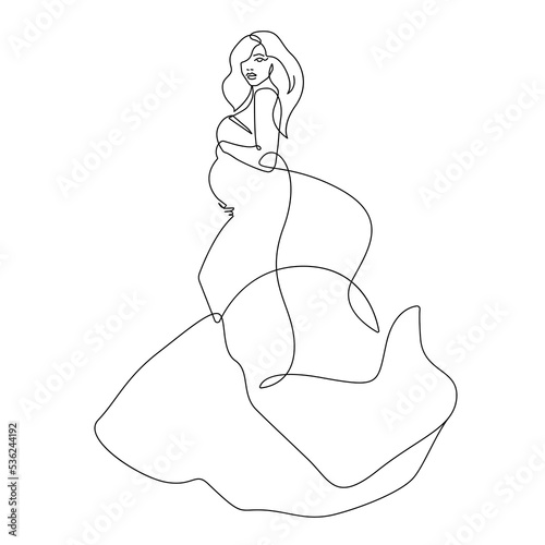 Pregnant Woman Elegant Silhouette Continuous One Line Drawing. Woman Dress Fashion Minimalist Illustration. Pregnancy Minimal Sketch Drawing for Home Decor, Wall Art. Vector EPS 10 