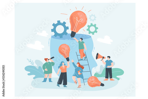 Abstract persons head filled with ideas flat vector illustration. Creative people brainstorming and conducting research using their imagination. Teamwork, innovation, education concept