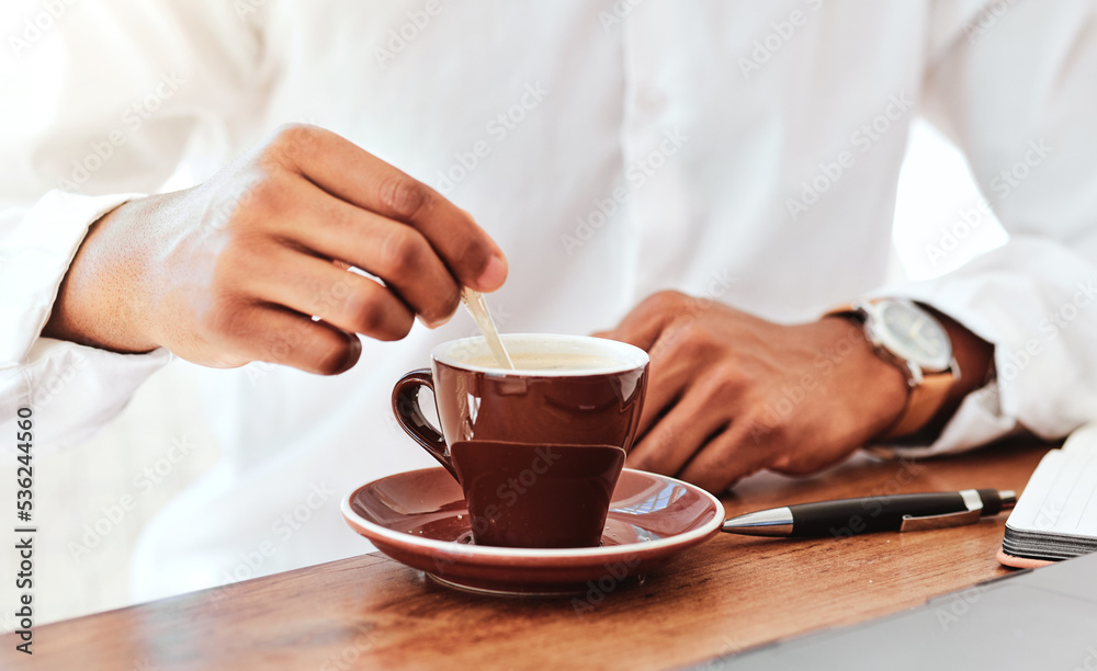 Coffee cup and business man at cafe taking break, relax and calm at table or desk. Stress relief, tired employee and entrepreneur think for ideas on lunch break, resting and enjoy hot beverage drink Coffee cup and business man at cafe taking break, relax and calm at table or desk. Stress relief, tired employee and entrepreneur think for ideas on lunch break, resting and enjoy hot beverage drink