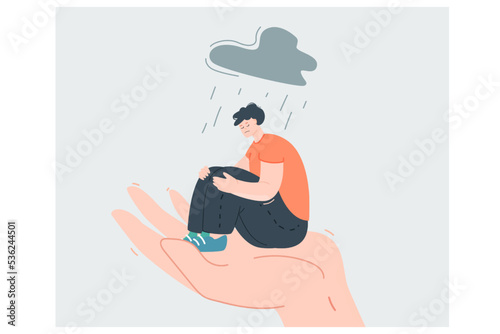 Man sitting on palm of hand in rain. Tiny depressed male patient feeling grief and loneliness, in need of counsellors support flat vector illustration. Counseling patronage, psychology concept