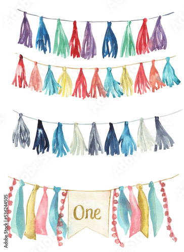 Watercolor illustration. Set of multicolored festive garland of tissue paper, Holiday decor, birthday, baby shower