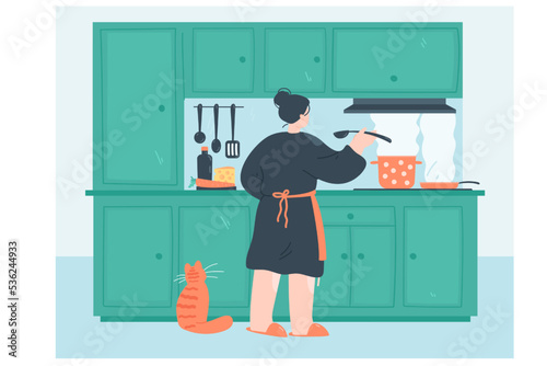 Cartoon woman in apron preparing food at stove in kitchen. Cat watching girl making lunch flat vector illustration. Food, cooking, healthy eating concept for banner, website design or landing web page