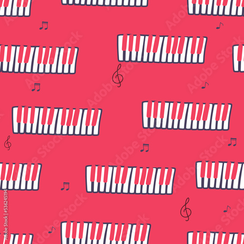 Chaotic Pianoforte musical grand piano octaves, sketch drawing. Vector seamless doodle square pattern with hand drawn piano, harpsichord keys. Musical octave.