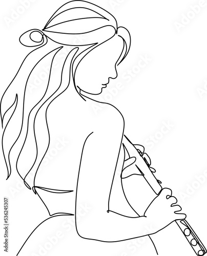 Silhouette of a beautiful woman with a flute in a modern continuous line style. Flute girl, slender. Continuous line drawing, decor aesthetic outline, posters, stickers, logo. Vector illustration.