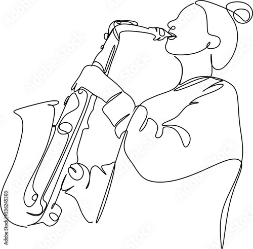 Silhouette of beautiful woman playing saxophone in continuous line modern style. Saxophonist girl, slim. Aesthetic decor sketches, posters, stickers, logo. set of vector illustrations.