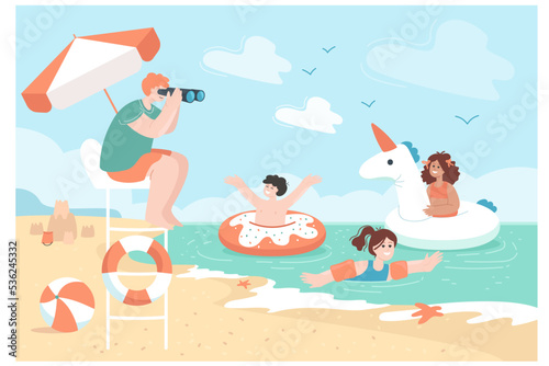 Rescuer watching children swimming in sea from lifeguard tower. Lifeguard on beach watching happy boy and girls flat vector illustration. Summer, safety, recreation concept for banner, website design