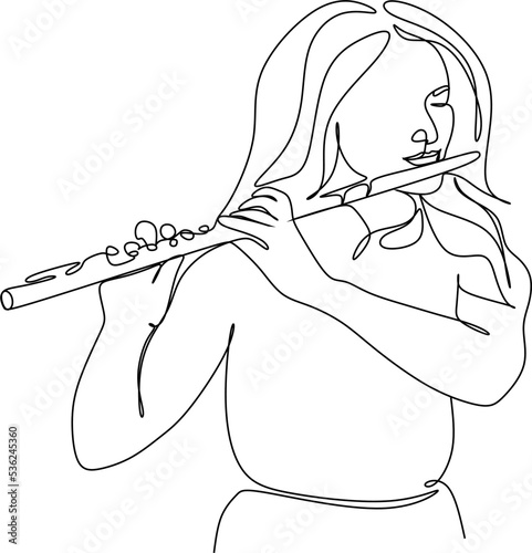 Silhouette of a beautiful woman with a flute in a modern continuous line style. Flute girl, slender. Continuous line drawing, decor aesthetic outline, posters, stickers, logo. Vector illustration.
