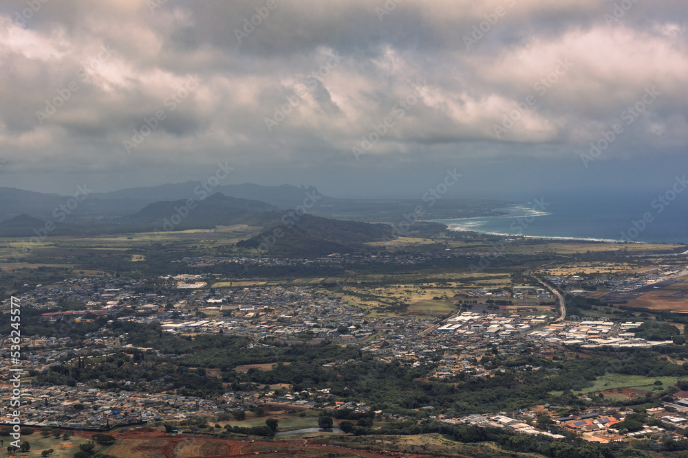 Panoramic view of Kauai, Hawaii as seen from Sleeping Giant Hiking Trail