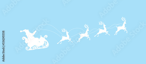 Silhouette of Santa Claus riding reindeer sleigh on light blue background