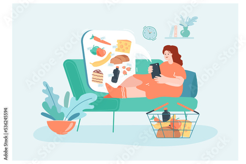 Girl on sofa ordering food from online store via phone. Woman grocery shopping from home using mobile app flat vector illustration. Delivery service, technology concept for banner, website design