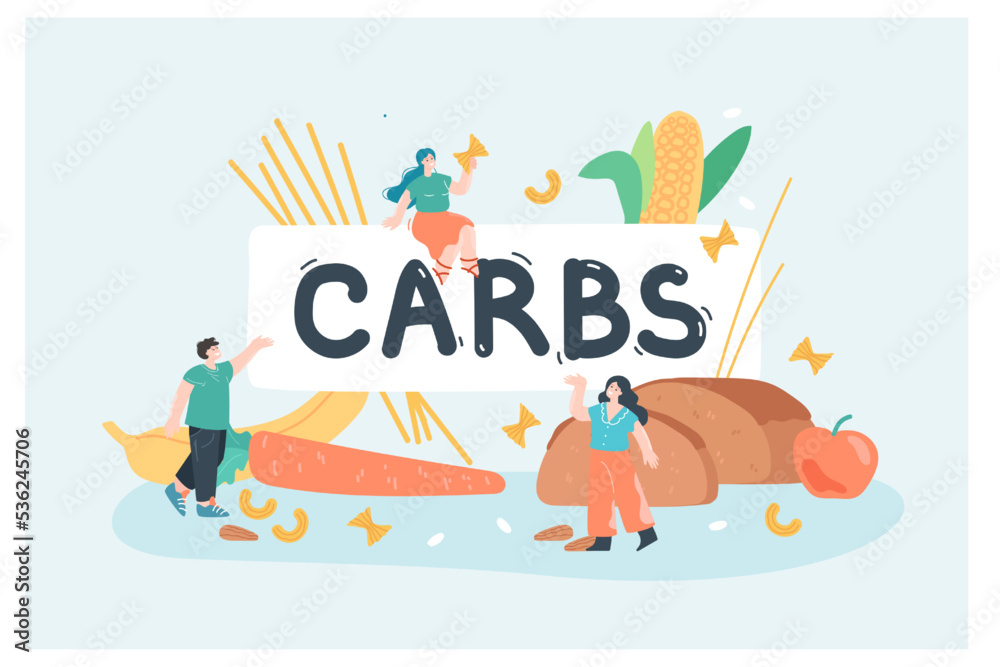 Tiny characters next to carbs sign and products. Fasting and low card diet, whole wheat bread, corn, apple, carrot, banana, pasta flat vector illustration. Food, nutrition concept for banner