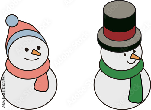 マフラーを巻いて、帽子を被った雪だるまのアイソメトリックイラスト.