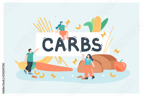 Tiny characters next to carbs sign and products. Fasting and low card diet, whole wheat bread, corn, apple, carrot, banana, pasta flat vector illustration. Food, nutrition concept for banner