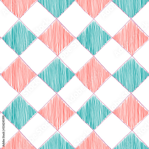 Harlequin bright color seamless pattern. Graphic repeat print in green red white colors with diamonds for textile fabric kitchen decor apparel.