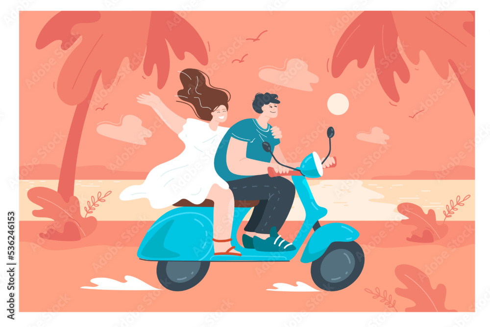 Happy cartoon boyfriend and girlfriend going on trip by moped. Young man and woman on scooter or motorbike, holiday at sea flat vector illustration. Romance, summer concept for banner, website design