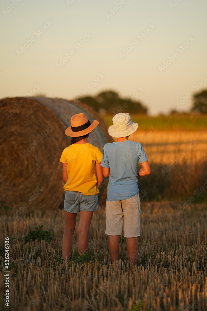 Two children stand backwards, their clothes symbolizing the flag of Ukraine Two children stand backwards, their clothes symbolizing the flag of Ukraine