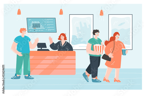 Cartoon cashier behind counter selling tickets at movie theater. Female ticket seller advertising films at box office flat vector illustration. Cinema, entertainment concept for banner, website design