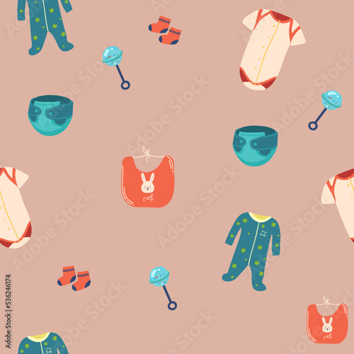 Seamless pattern with baby things, Baby clothes, diapers, bodysuits, girl or boy. Vector Illustration for printing, backgrounds, covers, packaging, greeting cards, posters, stickers, textile