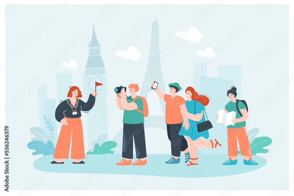 Group of tourists sightseeing and female tour guide holding flag. Happy cartoon people visiting cities on trip, person looking at map flat vector illustration. Traveling, vacation, tourism concept